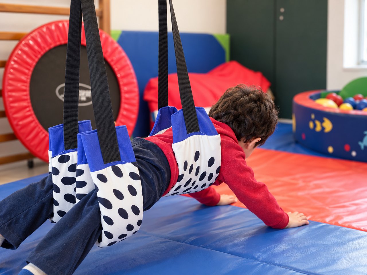 Niño balanceándose en un columpio terapéutico dentro de una sala de terapia ocupacional