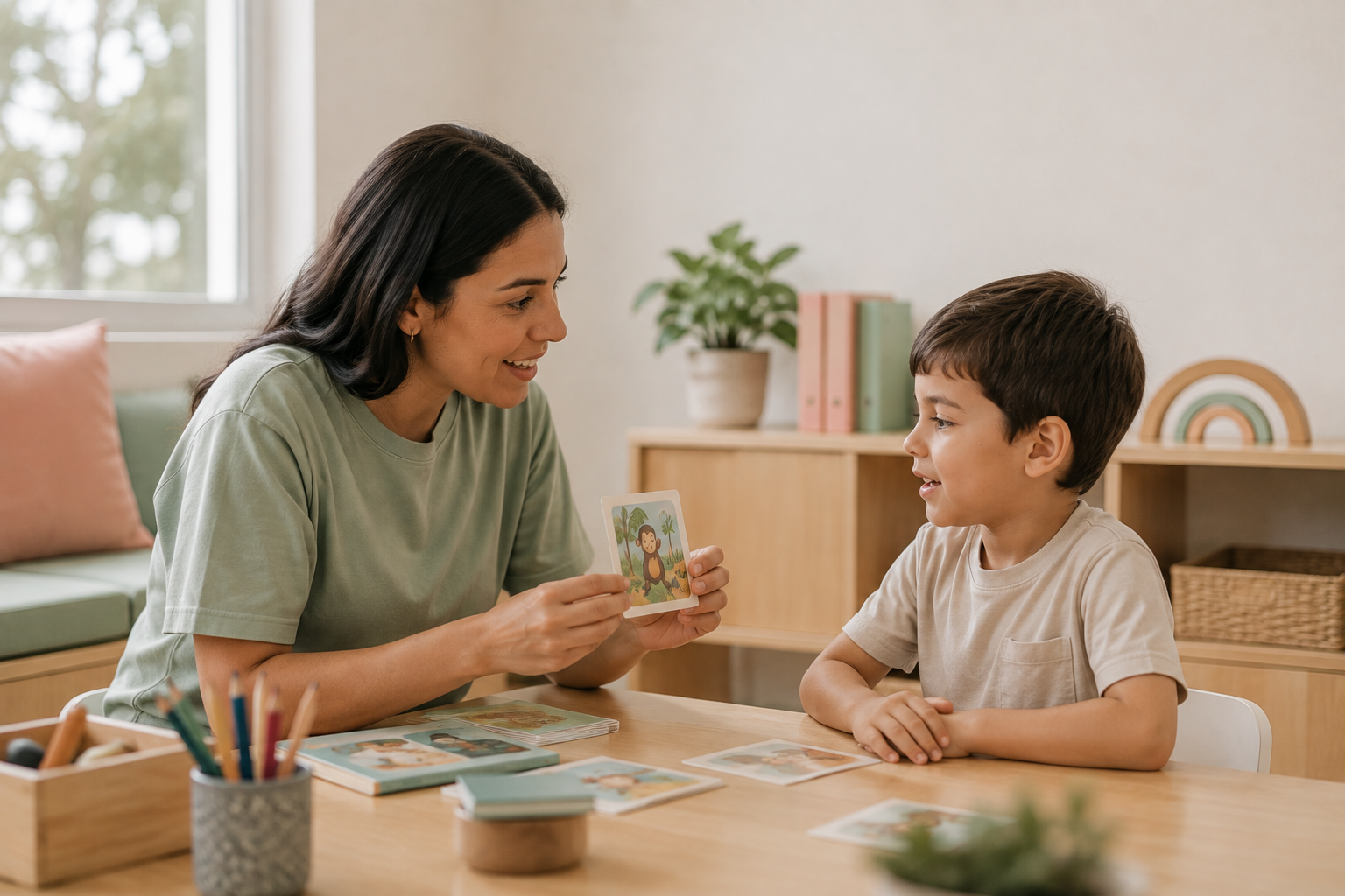 Fonoaudióloga trabajando vocabulario con un niño usando tarjetas ilustradas
