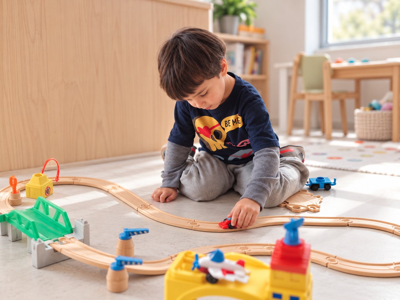 Niño concentrado mientras juega con una pista de madera durante una sesión de atención infantil