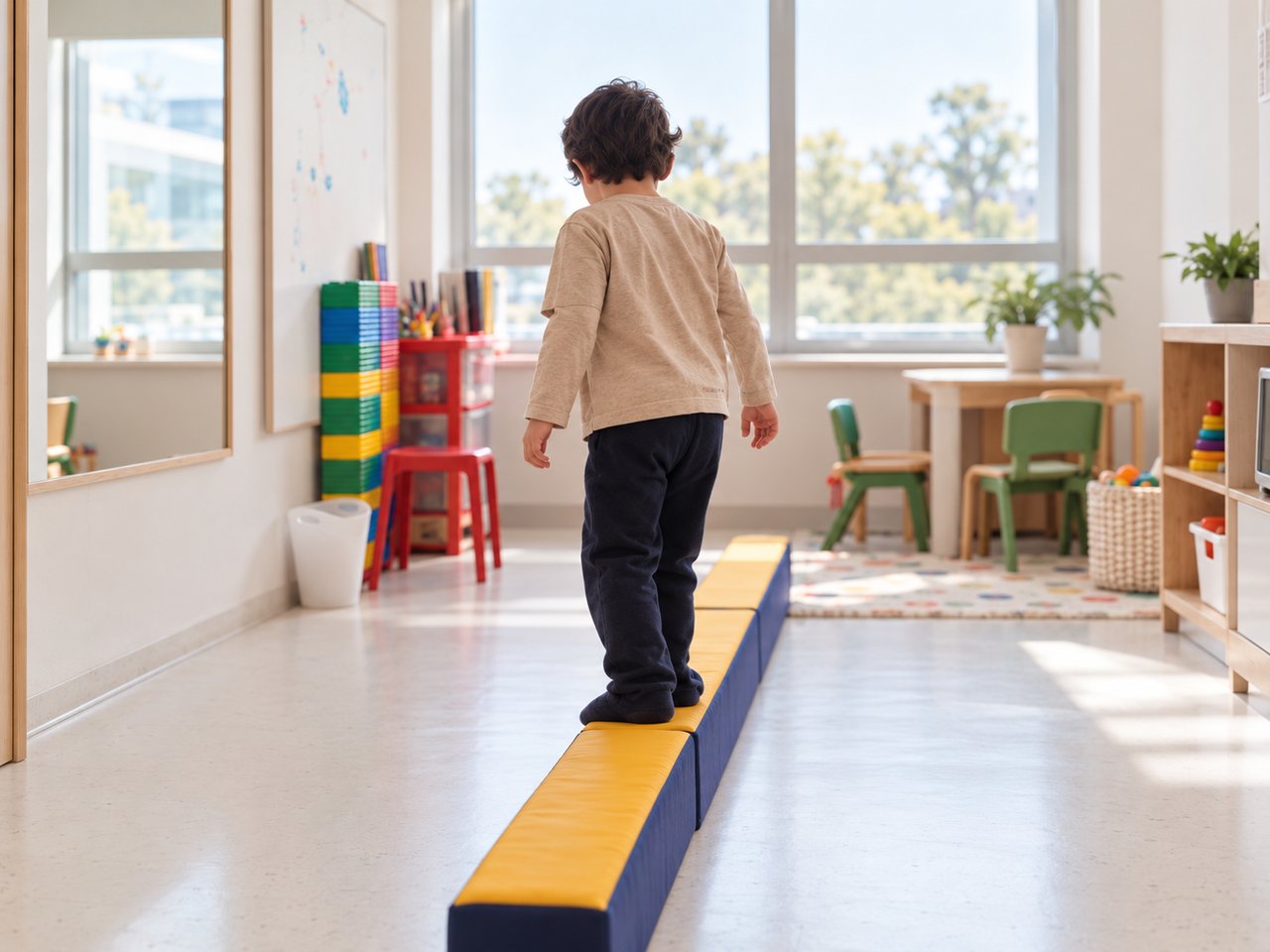Niño caminando sobre una viga de equilibrio durante una sesión de terapia ocupacional
