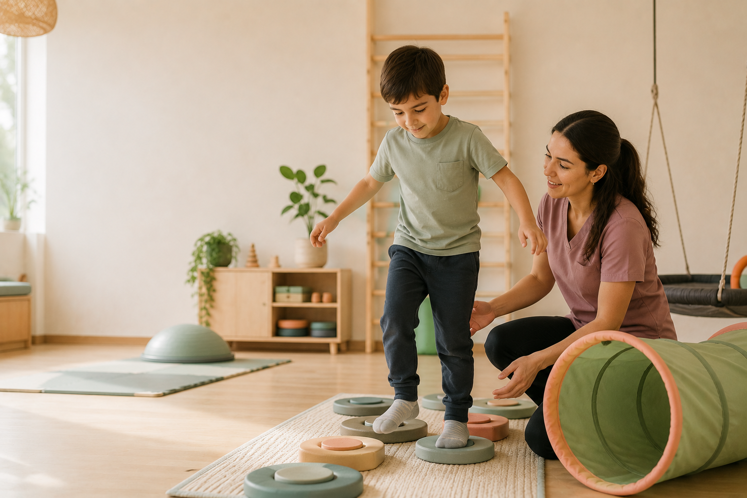 Terapeuta ocupacional acompañando a un niño en un circuito de equilibrio