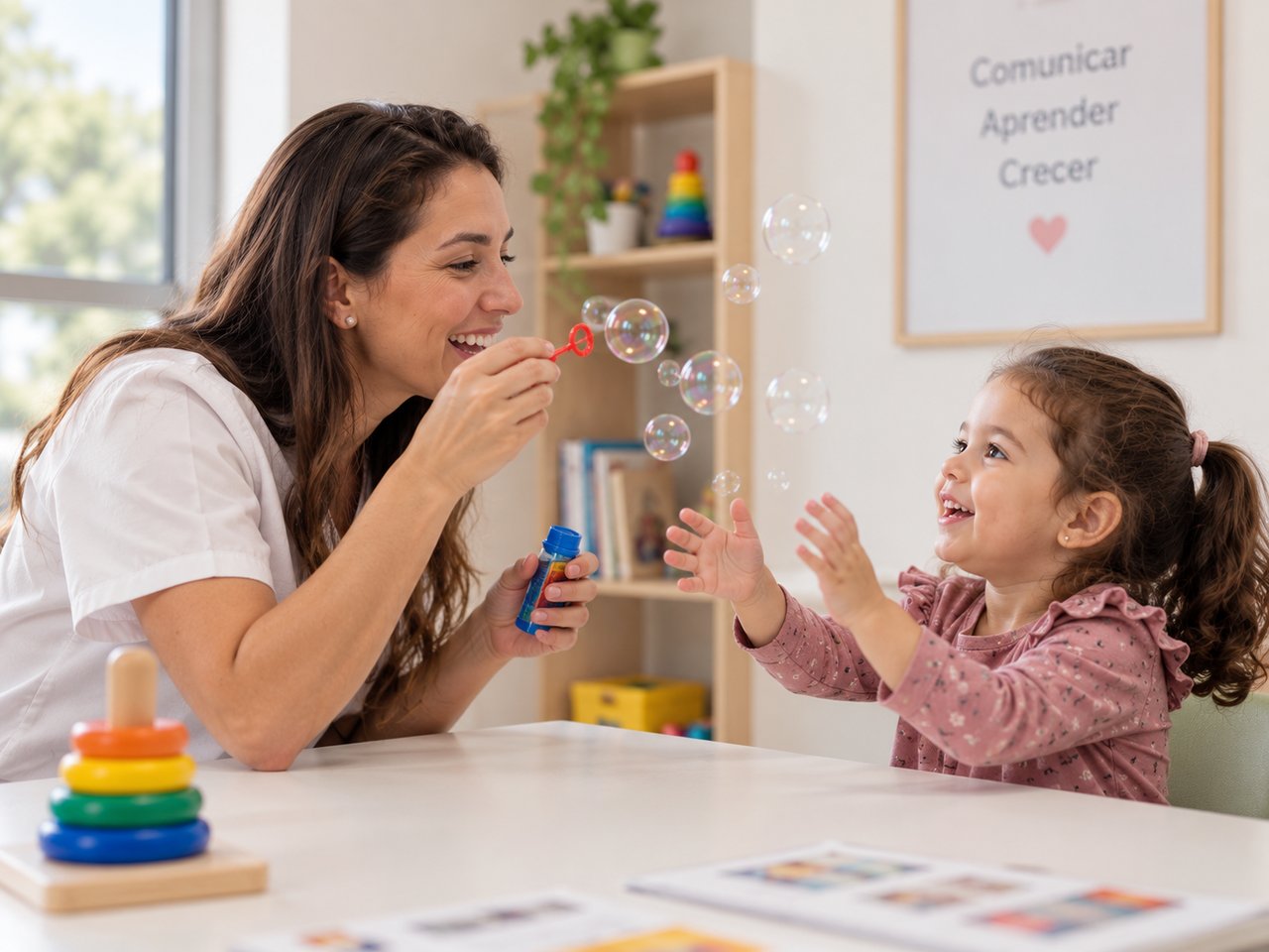 Profesional y niña practicando comunicación y lenguaje mediante un juego de burbujas