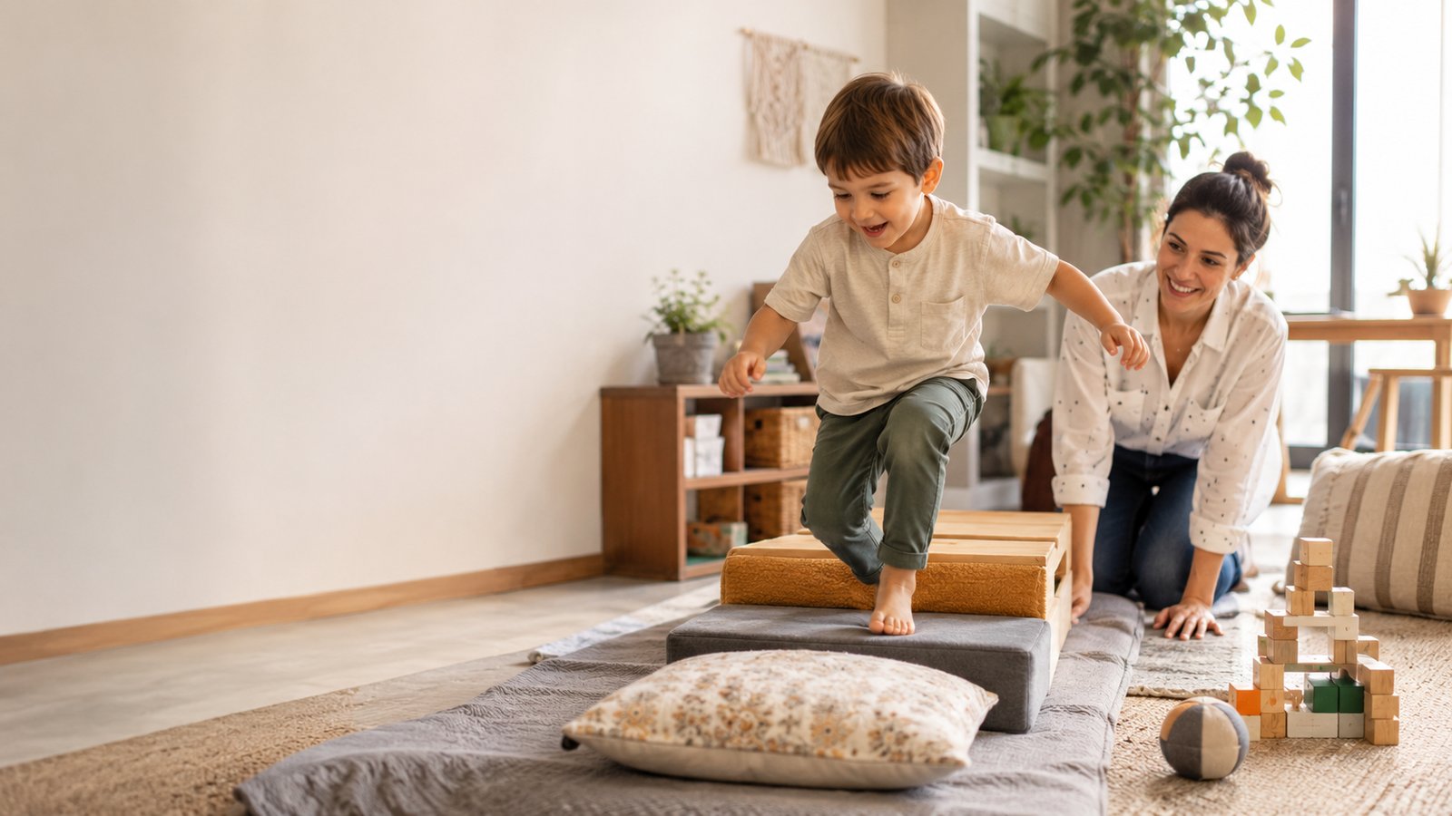Profesional acompañando a un niño en una sesión de estimulación sensorial en un ambiente cálido y seguro
